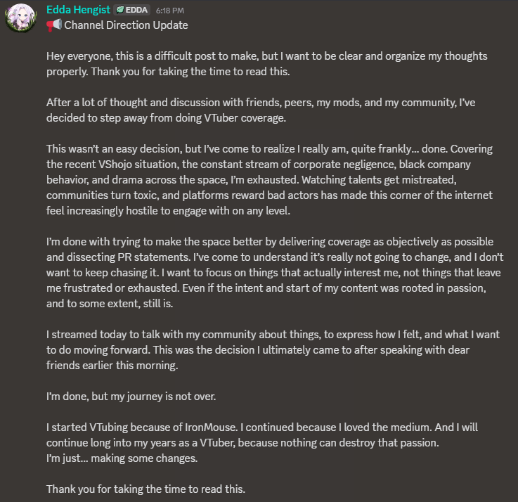 edda_vt's tweet image. My thoughts and the direction of my YouTube content going forward. I’m stepping away from VTuber coverage and focusing on work that brings me peace.
Thank you for the support so far.
💚🐴
#VTuber #ContentUpdate