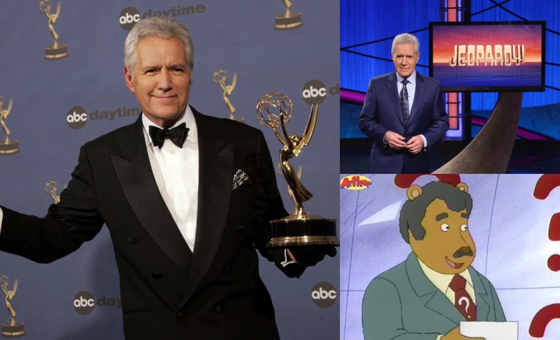 mnralphie's tweet image. Remembering Alex Trebek. The host of Jeopardy! (1984-2020) and the voice of Alex Lebek in the Arthur episode, Arthur and the Big Riddle. #AlexTrebek