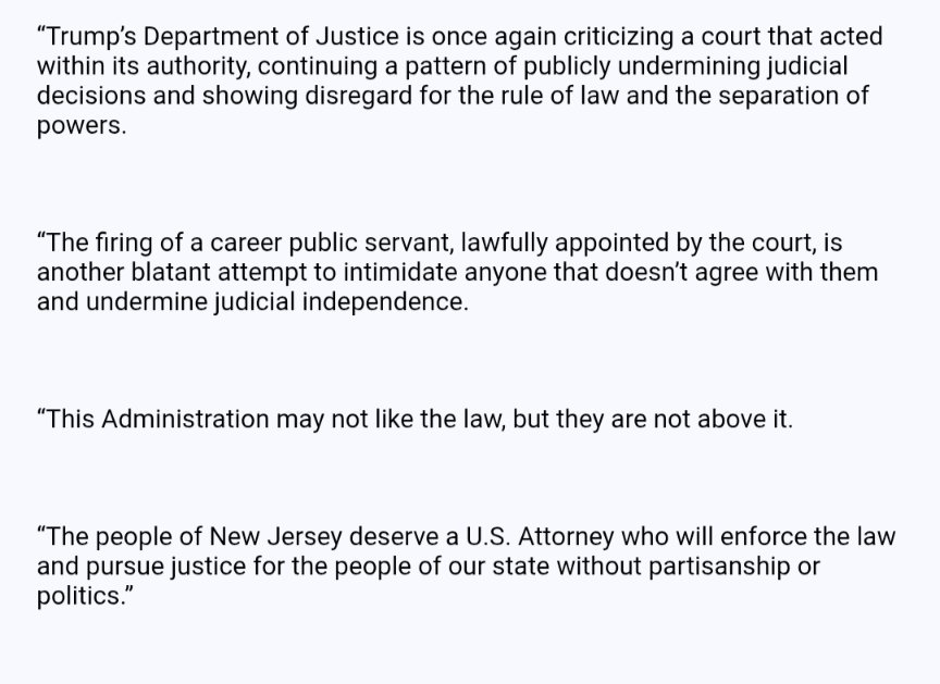 Joint statement from New Jersey Senators Cory Booker and Andy Kim on the Trump administration firing First Assistant Desiree Grace, who had been chosen by the state's district judges to replace U.S. Attorney Alina Habba.