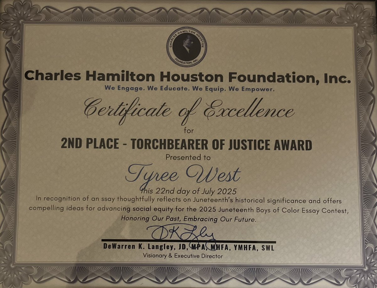 Congratulations to Cadet Tyree West. Cadet West won second place in the 2025 Juneteenth Boys of Color Essay Contest tonight and was awarded a certificate and $200. Congratulations Young King. 
Thanks mom @Shinekka Russell for taking advantage of this opportunity provided by TMLA.
