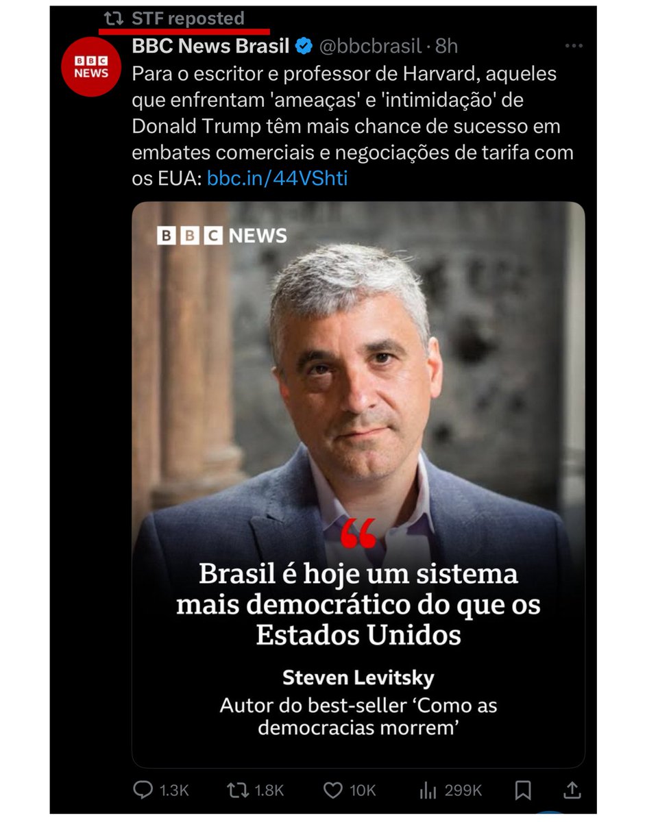 BolsonaroSP's tweet image. STF retwitando matéri que acusa @realDonaldTrump de fazer ameaças. Vai dar certo. Confie.