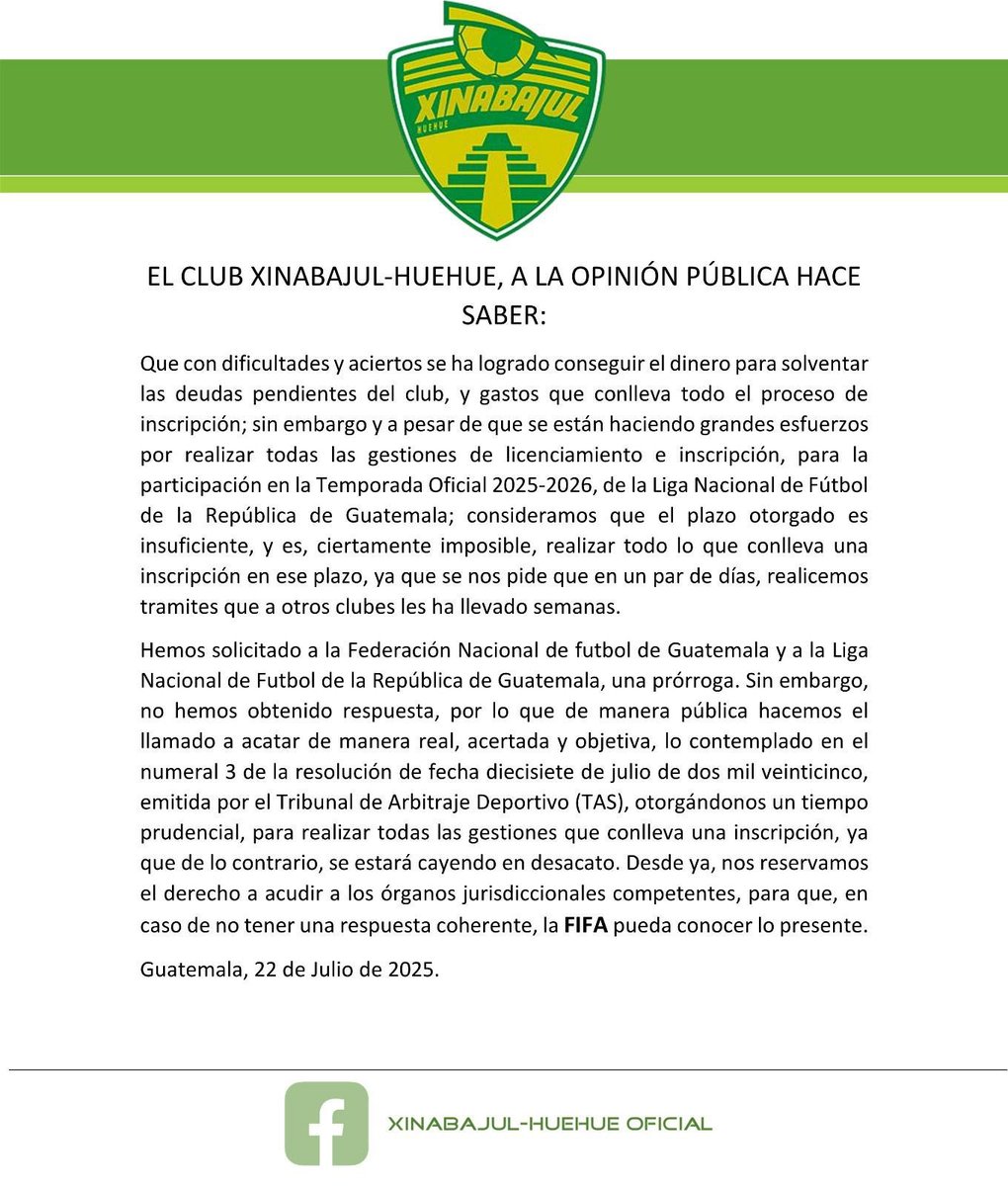 andresNadf's tweet image. ¡COMUNICADO DE XINABAJUL! 🔰🚨
👉🏼 Ya consiguieron el dinero para solventar deudas del club.
👉🏼 Piden más tiempo para cumplir con las gestiones de licenciamiento e inscripción, pero no han recibido respuesta.
👉🏼 Si no se les otorga el tiempo elevarán el caso a los órganos…