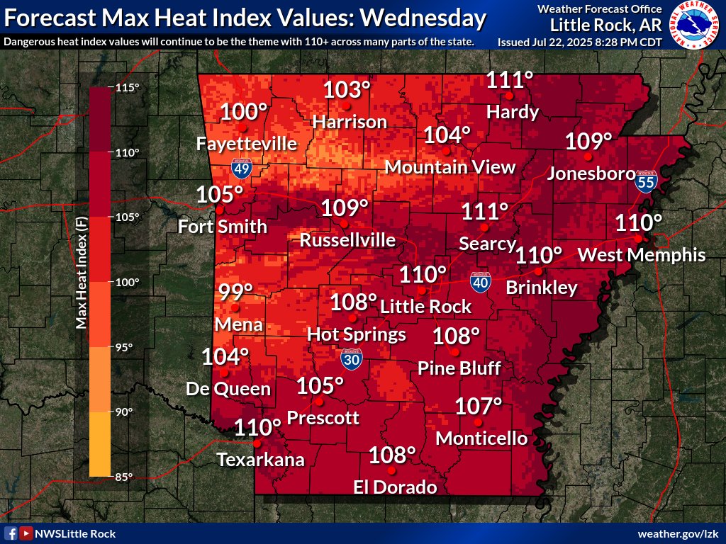 NWSLittleRock's tweet image. WEDNESDAY FORECAST—Not much relief from the heat overnight across Arkansas with most of the state expected to reach or exceed the century mark on Wednesday afternoon. Heat Index values will again be elevated and dangerous across the state! Plan your day accordingly. #arwx