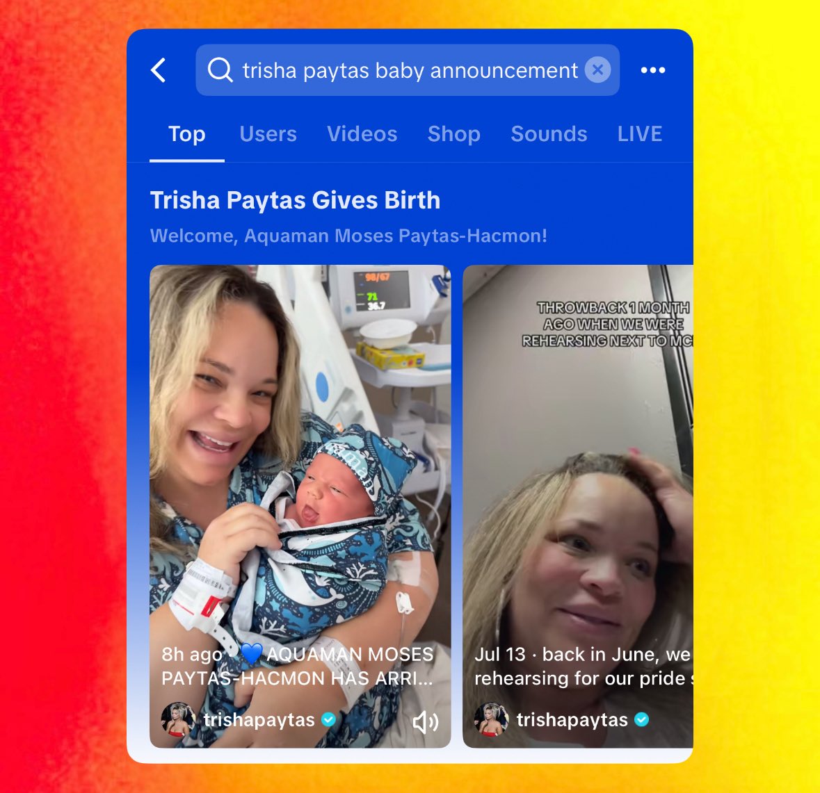 TrishCrave's tweet image. Trisha Paytas Gets Her Own TikTok Announcement Banner for Baby Aquaman 🍼💙
“Welcome, Aquaman Moses Paytas-Hacmon”