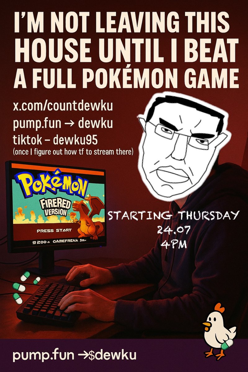 CountDewKu's tweet image. Starting Thursday, I’m going live for a nonstop Pokémon FireRed stream until I beat the game. Not allowed to leave the house for 2-3 days, until I beat the game.
Thread explaining the mechanics of this 🧵👇