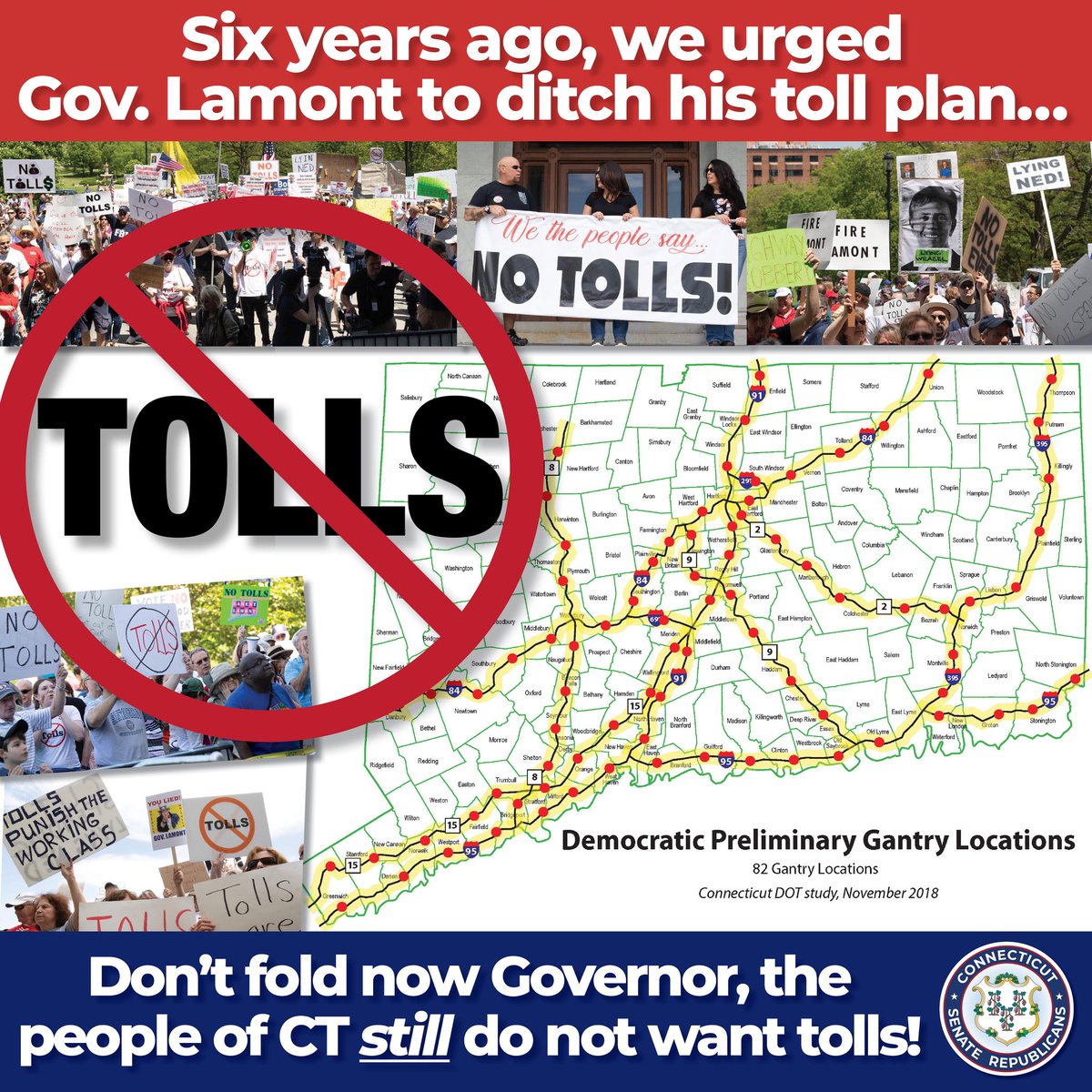 CTSenateGOP's tweet image. 🚫 Six years ago, thousands of Connecticut residents made their voices loud and clear: NO TOLLS!
📢 Republicans stood with the people then, and we still do now. After grassroots rallies, petitions, and overwhelming public opposition, Gov. Lamont dropped his toll plan.
Now,…