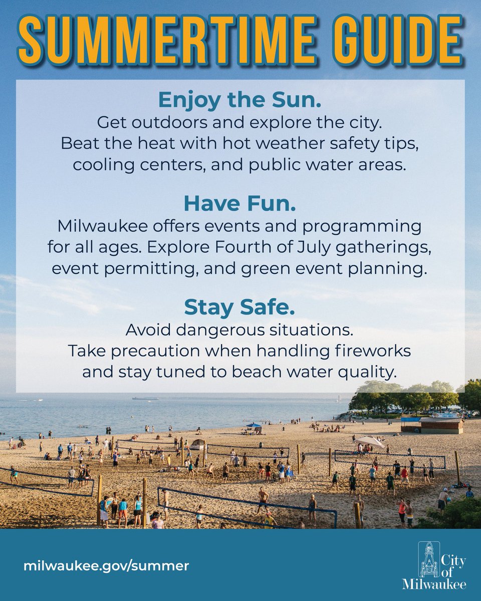 MilwaukeeDOA's tweet image. 🚨Extreme Heat watch issued for Wed-Thurs. 🚨
Check out our #MKESummertimeGuide for a cool and safe summer! Get outdoors, explore your city, beat the heat, find summer fun for youth, get safety tips, and see more helpful resources at milwaukee.gov/summer.