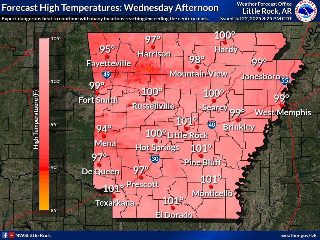 NWSLittleRock's tweet image. WEDNESDAY FORECAST—Not much relief from the heat overnight across Arkansas with most of the state expected to reach or exceed the century mark on Wednesday afternoon. Heat Index values will again be elevated and dangerous across the state! Plan your day accordingly. #arwx