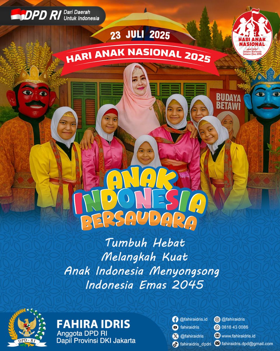 Tumbuh Hebat
Melangkah Kuat
Anak Indonesia Menyongsong 
Indonesia Emas 2045

Hari Anak Nasional ke-41
23 Juli 2025