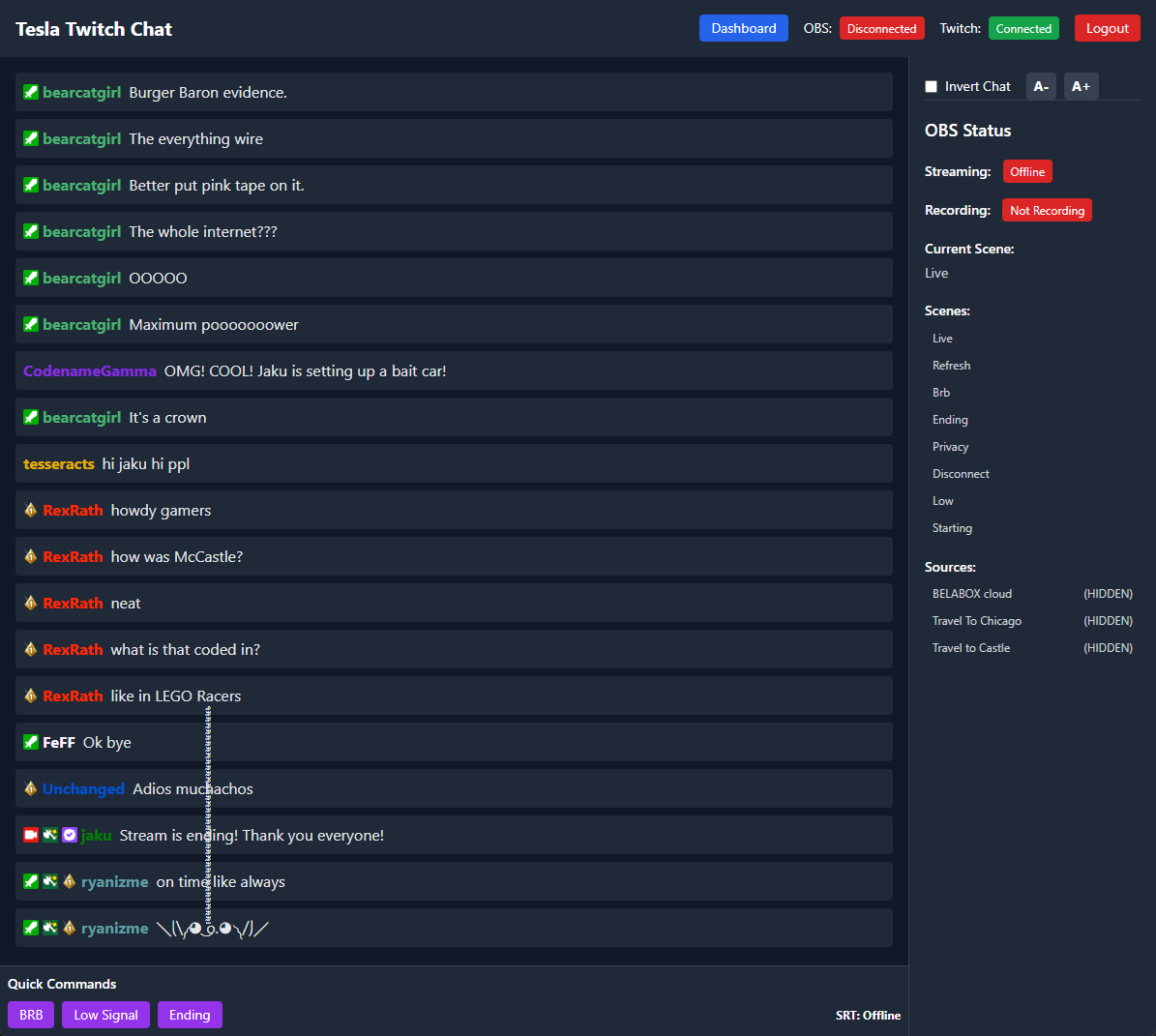 Jaku's tweet image. 7 years ago, I hacked together a simple Twitch chat viewer for my car stream. Twitch chat wouldn’t work directly in the car browser for reasons.
Yesterday, I rewrote it from scratch now with OBS control, scene switching, SRT stream status, and more.
Meld support coming soon!