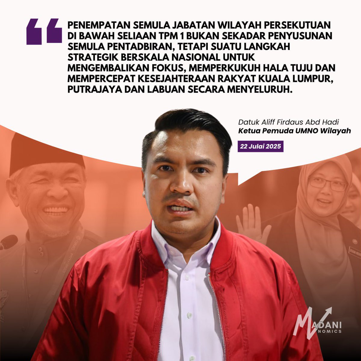 MadaniNomics's tweet image. MNNews 🌐 Aliff Firdaus: Letak Semula Wilayah di Bawah TPM1, Bukan Sekadar Isu Pentadbiran
Ketua Pemuda UMNO Wilayah, Datuk Aliff Firdaus Abd Hadi hari ini menggesa agar Jabatan Wilayah Persekutuan diletakkan semula di bawah seliaan Timbalan Perdana Menteri Pertama, Datuk Seri…