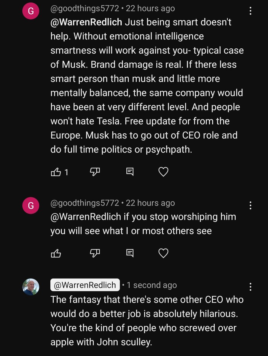WR4NYGov's tweet image. "The fantasy that there's some other CEO who would do a better job than Elon is hilarious.
You're the kind of people who screwed over apple with John Sculley."
Fun in YouTube comments