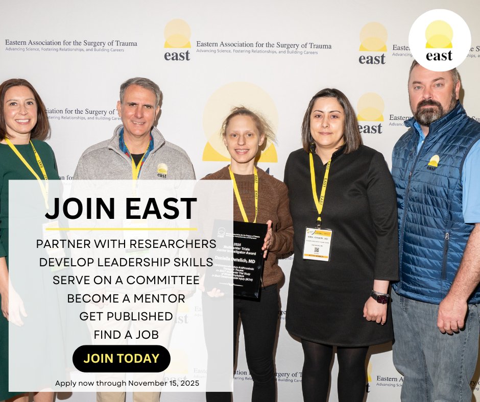 EAST_TRAUMA's tweet image. 🎓 Join EAST and access exclusive scholarships & awards to support your career in trauma care.
🗓️ Apply today!
#JoinEAST by Nov 15 → bit.ly/3gwwUHf
#TraumaCare #MedicalAwards #ScholarshipsInMedicine #CareerGrowth #SurgicalLeadership #SurgicalExcellence