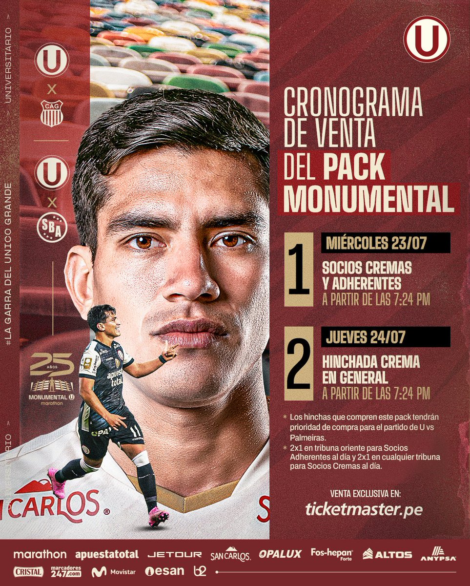 Universitario (@universitario) on Twitter photo 𝗝Ⓤ𝗡𝗧𝗢𝗦 𝗛𝗢𝗬, 𝗠𝗔𝗡̃𝗔𝗡𝗔 𝗬 𝗦𝗜𝗘𝗠𝗣𝗥𝗘💪💛
👉 Anunciamos el cronograma de venta del Pack Monumental para nuestros partidos Atlético Grau y Sport Boys.
👉 Adquiérelo desde mañana a través de <a href="/TicketmasterPE/">Ticketmaster Perú</a> y 𝗼𝗯𝘁𝗲́𝗻 𝗽𝗿𝗶𝗼𝗿𝗶𝗱𝗮𝗱 𝗱𝗲 𝗰𝗼𝗺𝗽𝗿𝗮 𝗝Ⓤ𝗡𝗧𝗢𝗦 𝗛𝗢𝗬, 𝗠𝗔𝗡̃𝗔𝗡𝗔 𝗬 𝗦𝗜𝗘𝗠𝗣𝗥𝗘💪💛
👉 Anunciamos el cronograma de venta del Pack Monumental para nuestros partidos Atlético Grau y Sport Boys.
👉 Adquiérelo desde mañana a través de <a href="/TicketmasterPE/">Ticketmaster Perú</a> y 𝗼𝗯𝘁𝗲́𝗻 𝗽𝗿𝗶𝗼𝗿𝗶𝗱𝗮𝗱 𝗱𝗲 𝗰𝗼𝗺𝗽𝗿𝗮