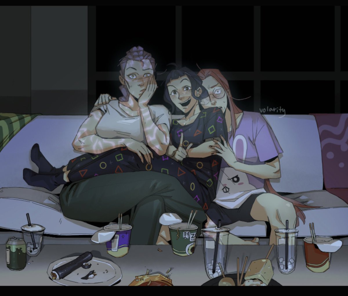Volarity2's tweet image. #Polytrix movie night 🍿, they’re watching Final Destination #KPOPDEMOMHUNTERS