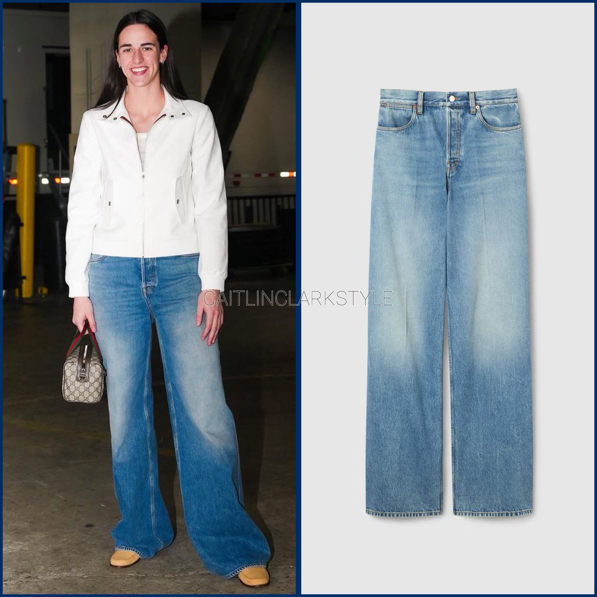 caitlinclarksty's tweet image. July 22, 2025: @CaitlinClark22 at Fever vs Liberty | Brooklyn, New York | wearing @gucci Wide leg denim pants. Shop: $1500 go.shopmy.us/p-21626822 #guccipartner
Caitlin wears stonewashed wide-leg cotton denim from Gucci’s Pre-Fall 2025 collection.