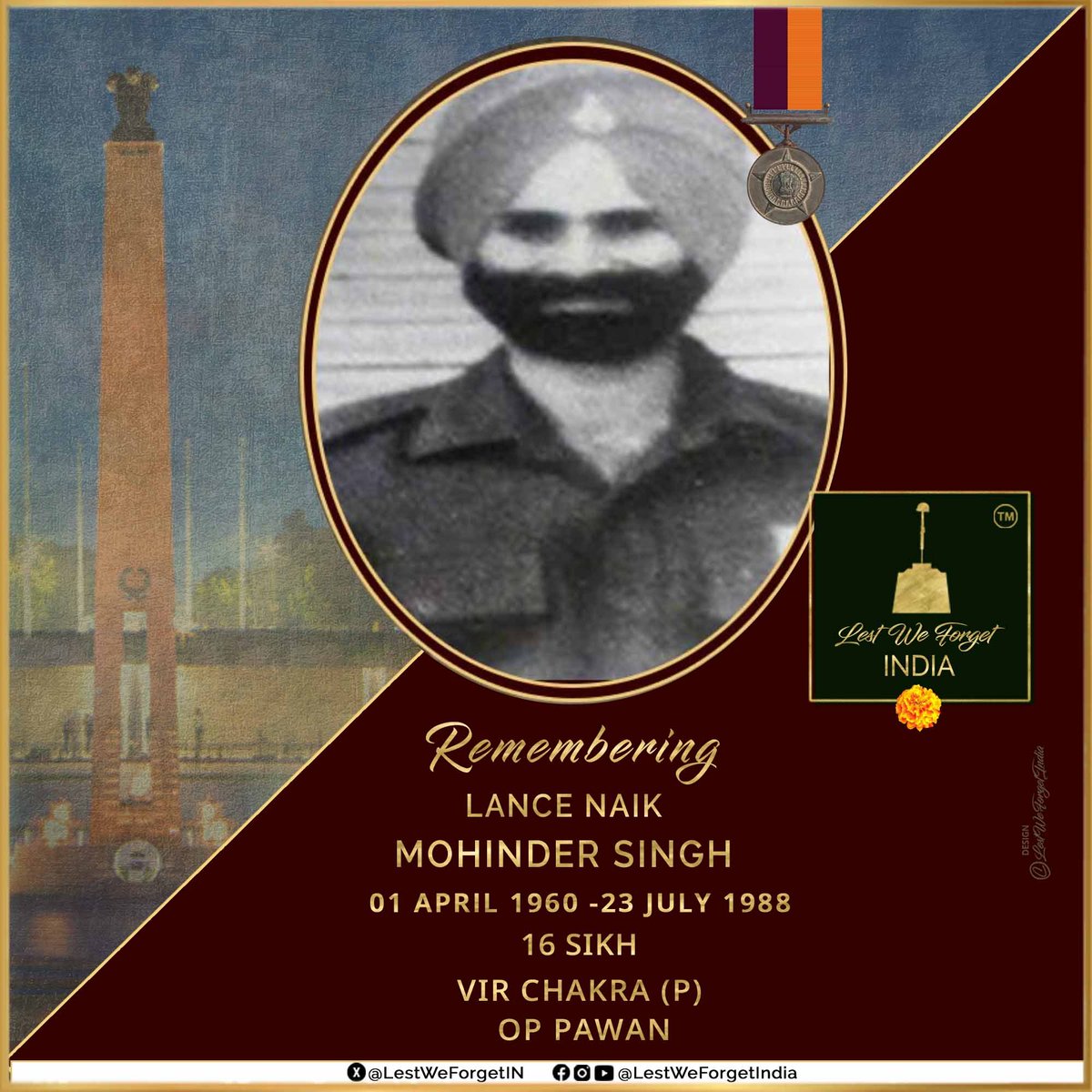 LestWeForgetIN's tweet image. THIRTY - SEVEN YEARS on - we remember a gallant #IndianBrave

#LestWeForgetIndia🇮🇳 Lance Naik Mohinder Singh, Vir Chakra (P), 16 SIKH, made the supreme sacrifice fighting LTTE militants #OnThisDay 23 July in 1988 during #OpPawan, in Sri Lanka 🏵️

On 23 July 1988, Bravo and Delta…