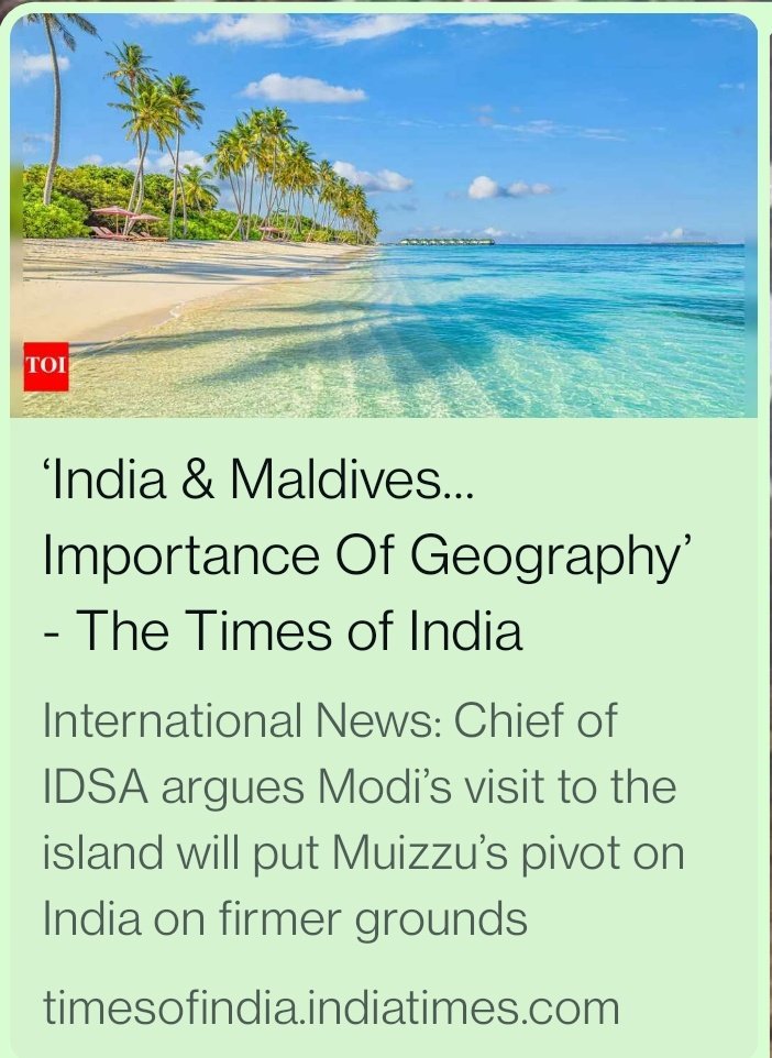 Sujan Chinoy (@sujanchinoy) on Twitter photo My piece in the <a href="/timesofindia/">The Times Of India</a> today - #India & #Maldives...Importance of Geography - in the context of PM <a href="/narendramodi/">Narendra Modi</a> 's State Visit to the island nation - Visit will put India-Maldives ties on firmer grounds.
timesofindia.indiatimes.com/toi-plus/inter… <a href="/MMuizzu/">Dr Mohamed Muizzu</a> My piece in the <a href="/timesofindia/">The Times Of India</a> today - #India & #Maldives...Importance of Geography - in the context of PM <a href="/narendramodi/">Narendra Modi</a> 's State Visit to the island nation - Visit will put India-Maldives ties on firmer grounds.
timesofindia.indiatimes.com/toi-plus/inter… <a href="/MMuizzu/">Dr Mohamed Muizzu</a>