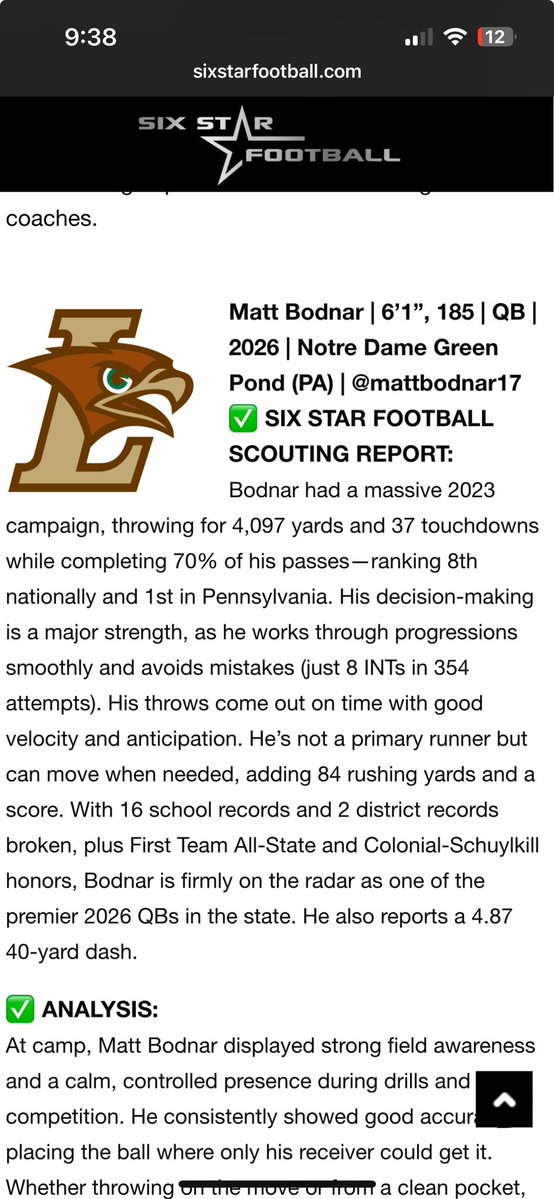 mattbodnar17's tweet image. Thank You @sixstarfootball for the write up. @NDGP_FOOTBALL @CoachJayUConn @QBHitList