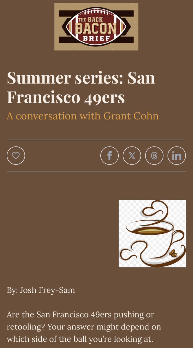 jfreysam's tweet image. Are the #49ers pushing or retooling? Your answer might depend on which side of the ball you’re looking at.
Terrific chat with @grantcohn ahead of an important season for the Niners!
Subscribe to get our full interview in your inbox Wednesday morning☕️🥓
back-bacon-brief.beehiiv.com/subscribe