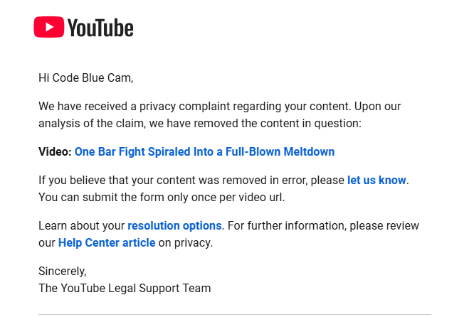 codebluecam's tweet image. Thank you, @TeamYouTube, for taking down yet another video that followed the community guidelines. The timestamp flagged by the claimant as containing private info wasn’t actually private—but I still went out of my way to remove it as a courtesy. Despite that, the video was taken…