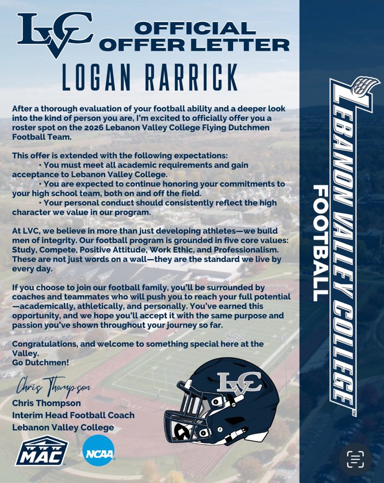 Logan Rarrick (@loganrarrick) on Twitter photo After talking with <a href="/CoachThompsonCT/">Chris Thompson (Coach T)</a> I am blessed to have received my 4th offer to <a href="/LVCFootball/">LVC Football</a>!! Thank you for the opportunity!! <a href="/Coach_Marcus50/">Jake Marcus</a> <a href="/jbeidler1/">Jack Beidler</a> After talking with <a href="/CoachThompsonCT/">Chris Thompson (Coach T)</a> I am blessed to have received my 4th offer to <a href="/LVCFootball/">LVC Football</a>!! Thank you for the opportunity!! <a href="/Coach_Marcus50/">Jake Marcus</a> <a href="/jbeidler1/">Jack Beidler</a>