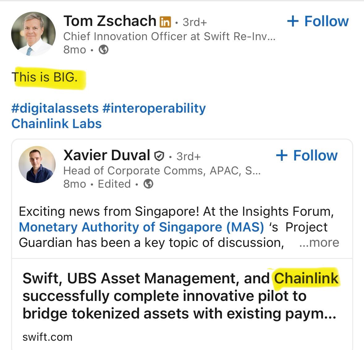 Voyager4IR's tweet image. 🚨 Chainlink (again) will be at SIBOS in October.
🚨 🚨 Swift is a lead sponsor of SmartCon in November.
🚨 🚨 🚨 @TomZschach will be a guest speaker!
✅ $LINK 🤝 @swiftcommunity ✅