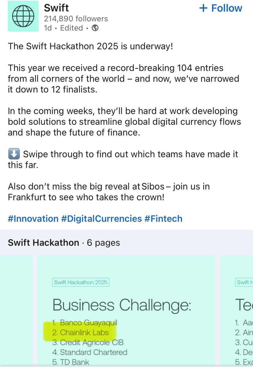 Voyager4IR's tweet image. 🚨 Chainlink (again) will be at SIBOS in October.
🚨 🚨 Swift is a lead sponsor of SmartCon in November.
🚨 🚨 🚨 @TomZschach will be a guest speaker!
✅ $LINK 🤝 @swiftcommunity ✅