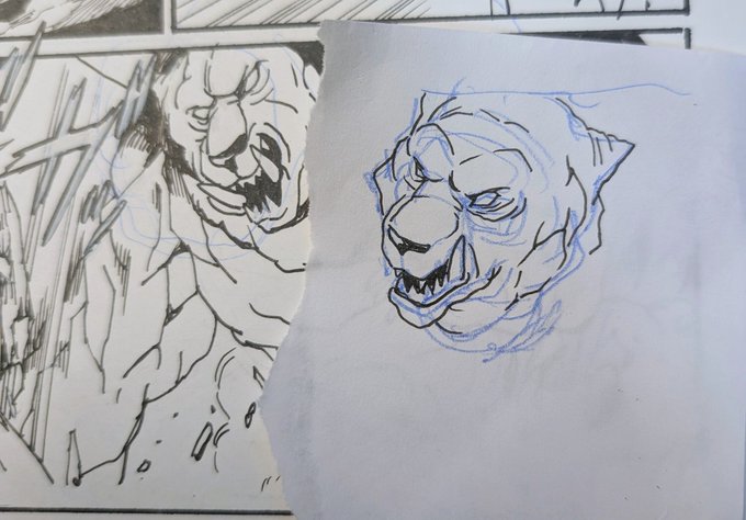 描き下ろし中の熱岩熊のお顔が気に入らんので必殺アナログ手法「切り貼り」! 