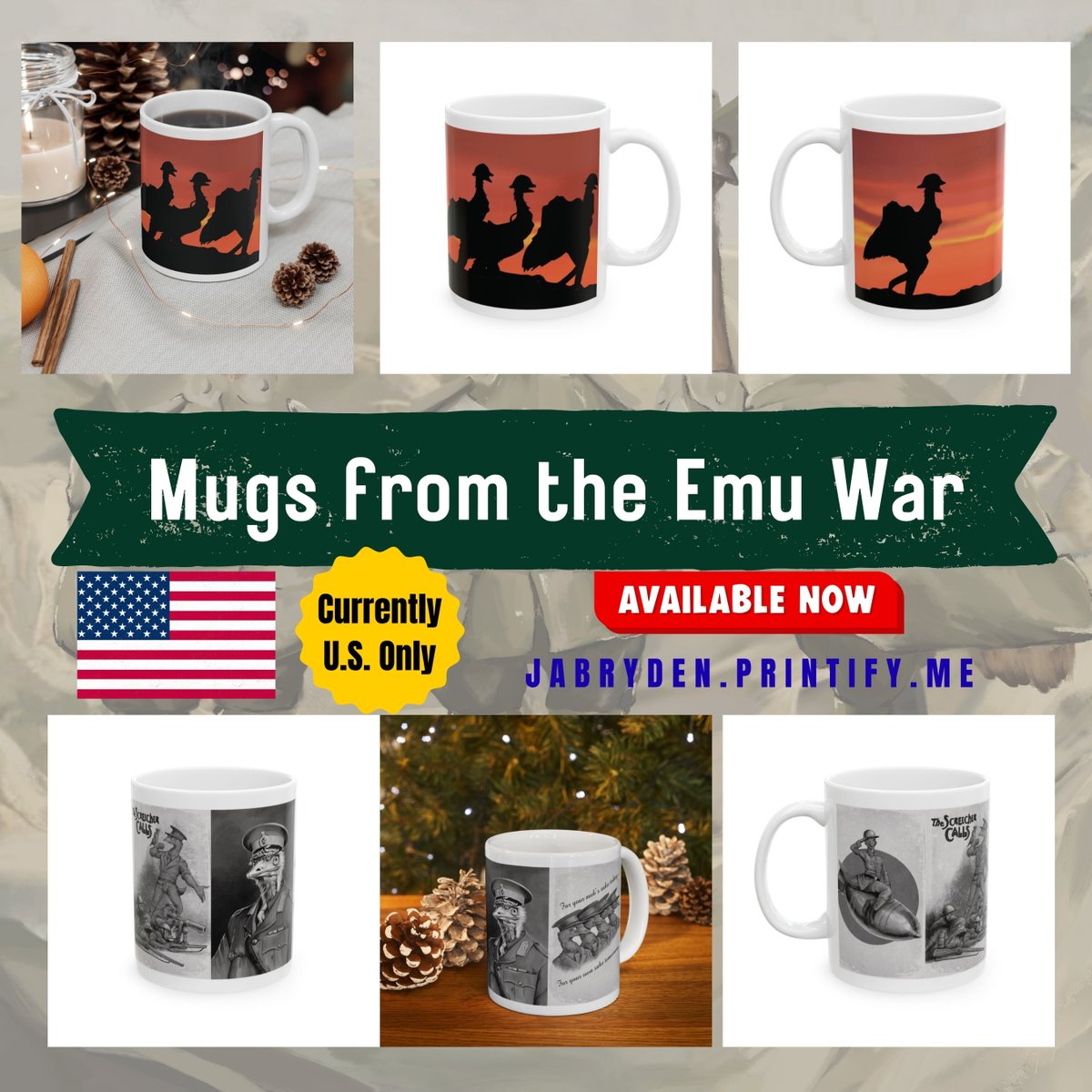JABryden's tweet image. The Americans can't get enough of the emu war, so I made them some mugs. Grab one now from Jabryden.prinitify.me #emuwar #emumugs #emuwarmerch #supportindieauthors