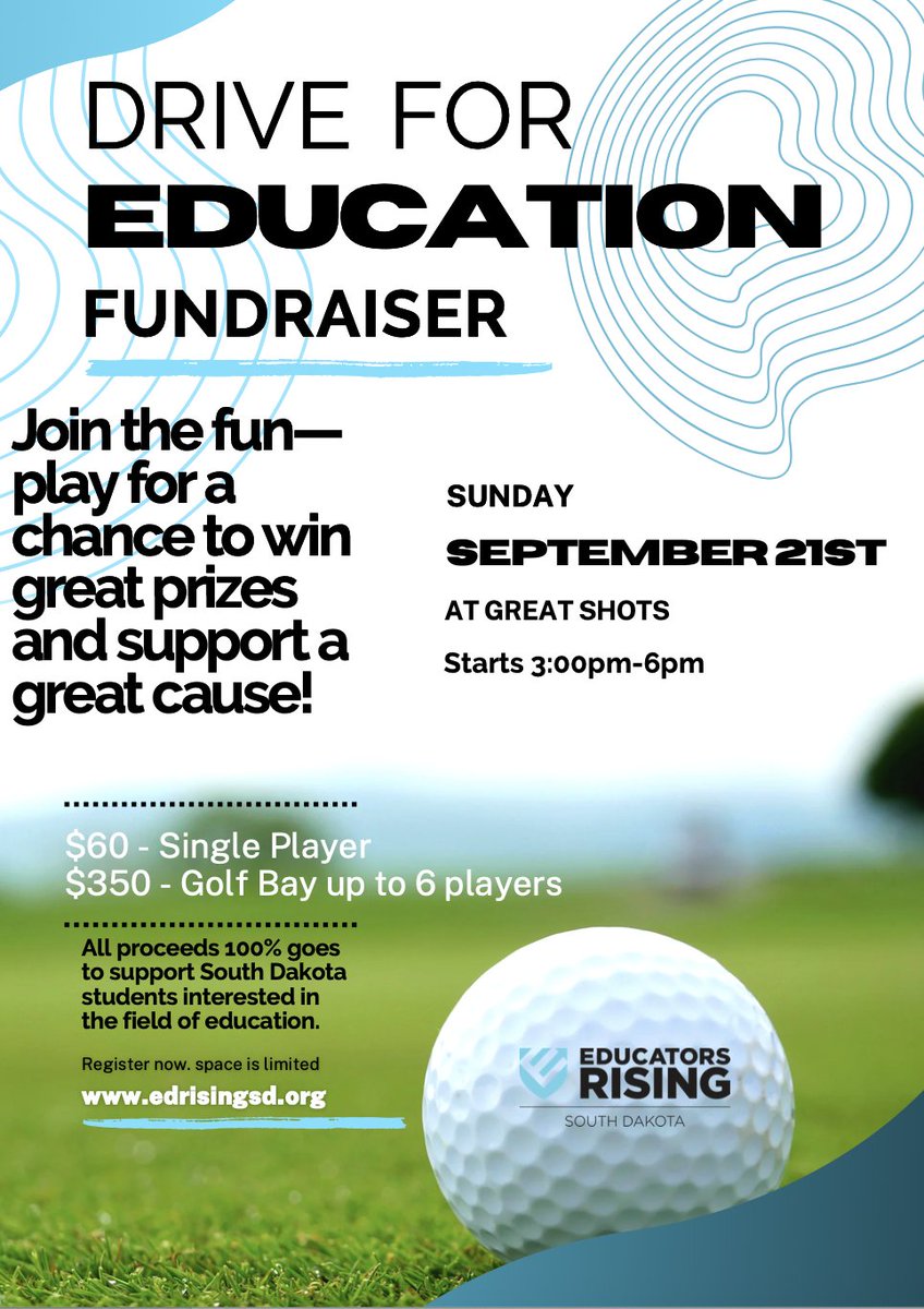 For all you golf lovers (and even those who just enjoy good company and a few swings), I’d love for you to consider joining us for the Educators Rising of SD – Drive for Education event this September!

Come support students who are exploring careers in education.  <a href="/EdrisingSD/">EducatorsrisingSD</a>
