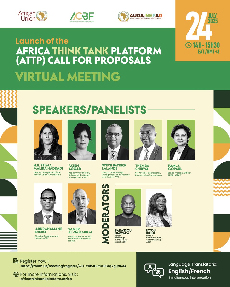 ACBF_Official's tweet image. Exciting Opportunity for African Think Tanks!
Join us on July 24, 2025, from 14:00hrs-15:30hrs EAT (GMT+3) for the official launch of the Africa Think Tank Platform (ATTP) Call for Proposals.
Don’t miss out! Register now on zoom.us
