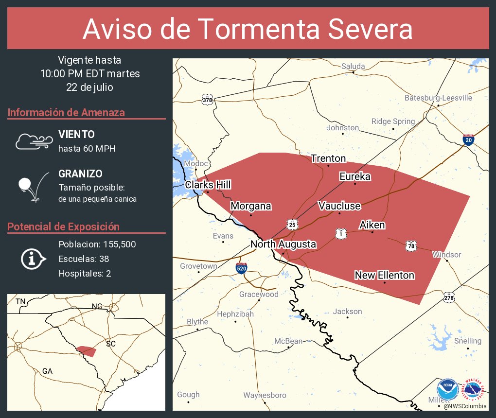 NWSColumbia's tweet image. Aviso de Tormenta Severa continúa Aiken SC, North Augusta SC, Belvedere SC hasta las 10:00 PM EDT