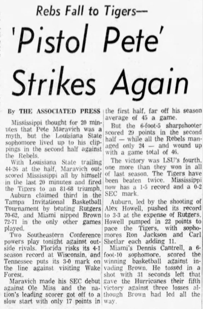 dbgiant's tweet image. December 19, 1967 - The LSU Tigers returned to Baton Rouge and to the win column in their first SEC game. LSU's Pete Maravich scored 46 as the Tigers defeated the Ole Miss Rebels 81-68.