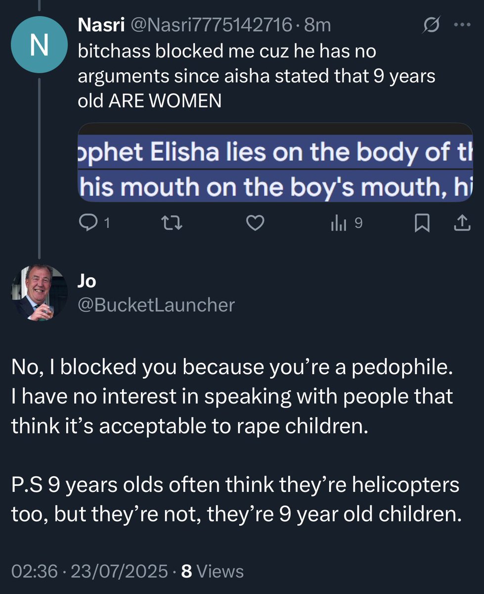 Jo (@bucketlauncher) on Twitter photo <a href="/ImtiazMadmood/">Imtiaz Mahmood</a> This is a new one on me, “Aisha said 9 year olds ARE WOMEN”, which apparently makes child abuse acceptable.
And they wonder why so many people oppose of Islam?.. <a href="/ImtiazMadmood/">Imtiaz Mahmood</a> This is a new one on me, “Aisha said 9 year olds ARE WOMEN”, which apparently makes child abuse acceptable.
And they wonder why so many people oppose of Islam?..