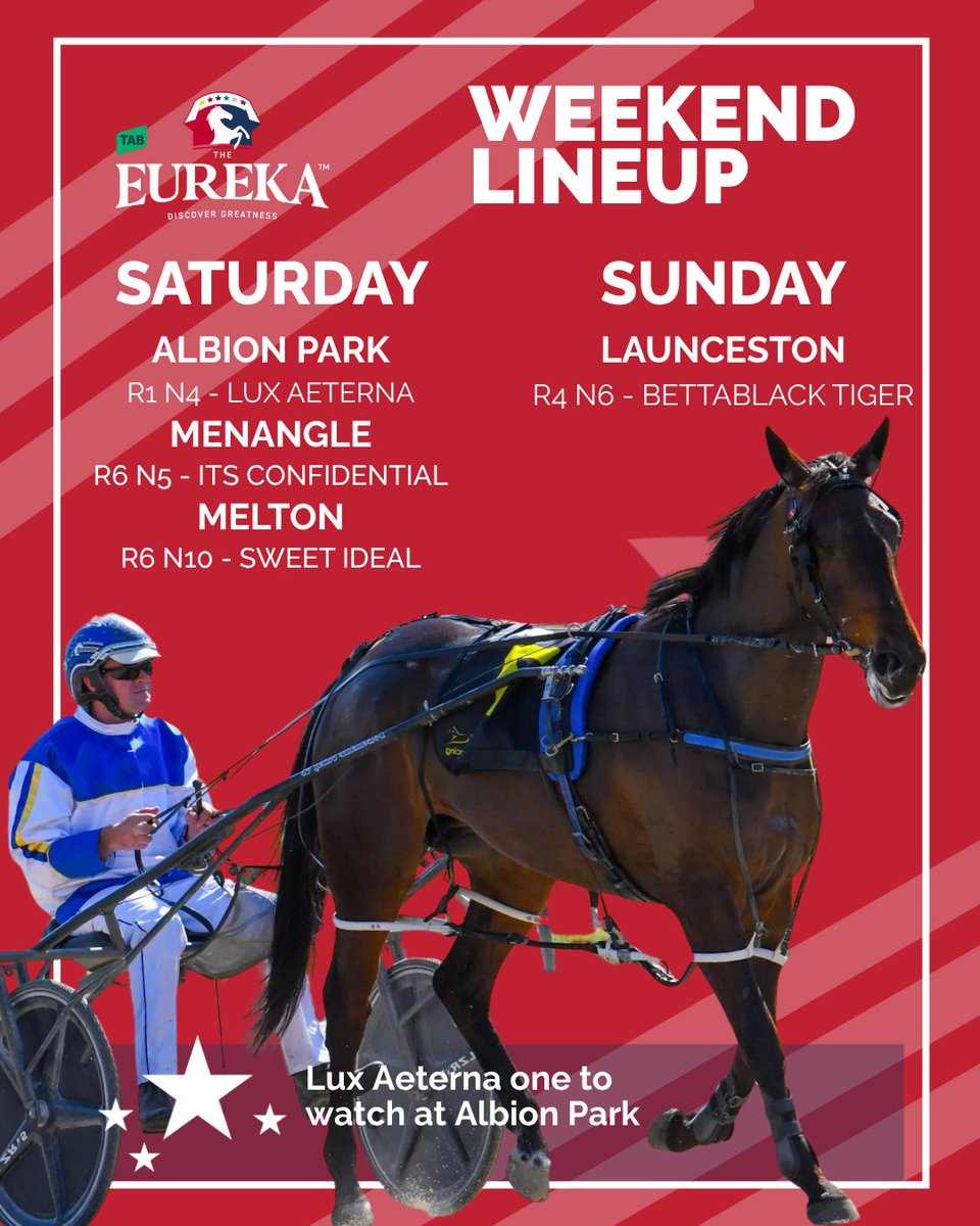 WEEKEND WATCH 🔍
TAB Eureka hopefuls in action at Albion Park, Menangle, Melton &amp; Launceston.
Field &amp; Form: 
Albion Park: tinyurl.com/AlbionP 
Menangle: tinyurl.com/MenangleP 
Melton: tinyurl.com/MeltonSaturday 
Launceston: tinyurl.com/LauncestonSund…
#TABEureka <a href="/SkyRacingAU/">SKY Racing</a>