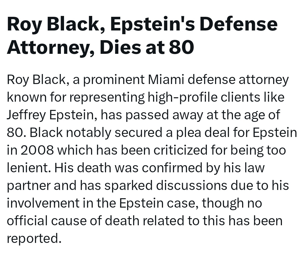 AmericanSpiri11's tweet photo. This guy #RoyBlack got Epstein the sweetheart deal everyone keeps talking about.
I understand he was 80, but imma need cause of death please.
#EpsteinList
#EpsteinTrumpCoverUp https://t.co/IUPvDTMK8L