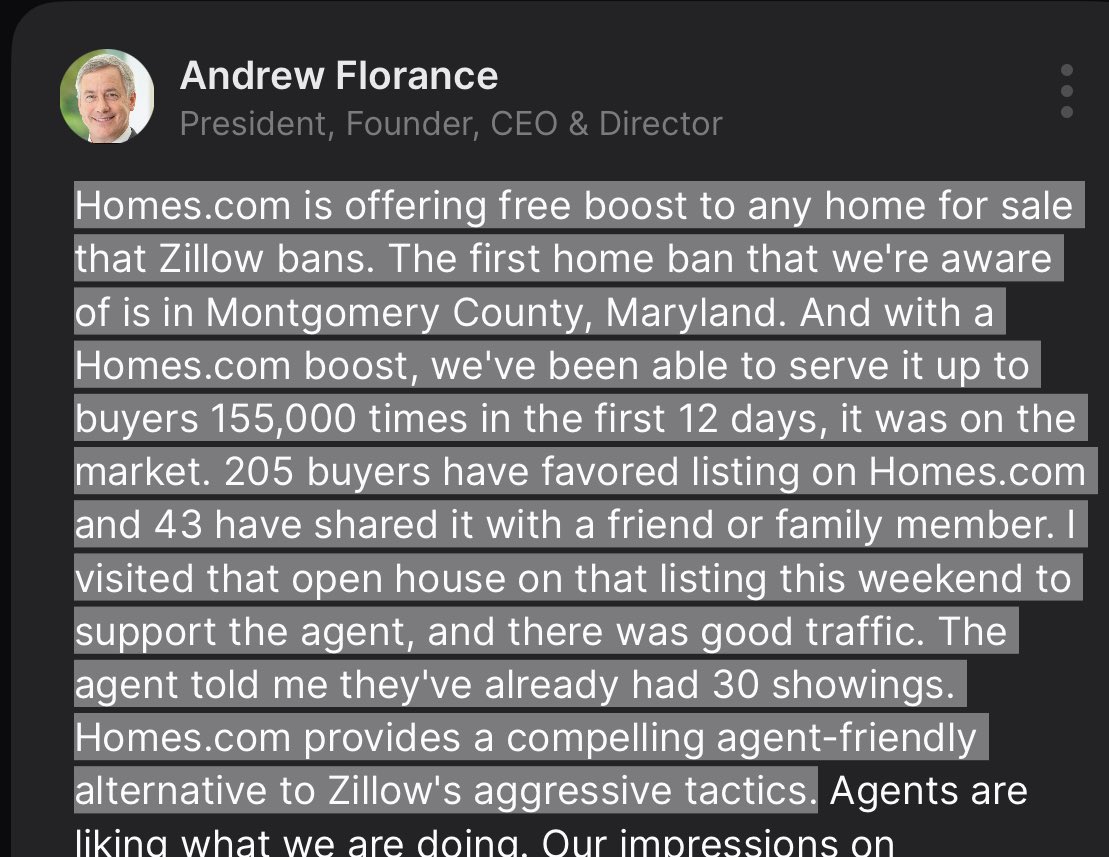 BushwoodCap's tweet image. Costar Group calls out Zillow $Z aggressive marketing tactics banning real estate agents who don’t market listings on their platform.
$CSGP offering boosted visibility for agents that’s happening too and CEO personally visited w/ one this past week.
