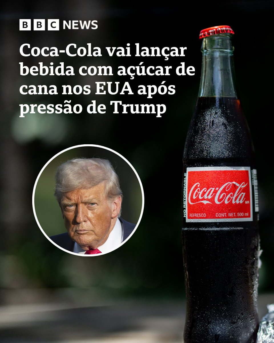 bbcbrasil's tweet image. A Coca-Cola anunciou nesta terça-feira (22/7) que planeja lançar uma nova versão de seu principal produto adoçada com açúcar de cana como parte de sua linha de produtos nos Estados Unidos, confirmando um plano apresentado pelo presidente Donald Trump: bbc.in/4o3Hm9w
