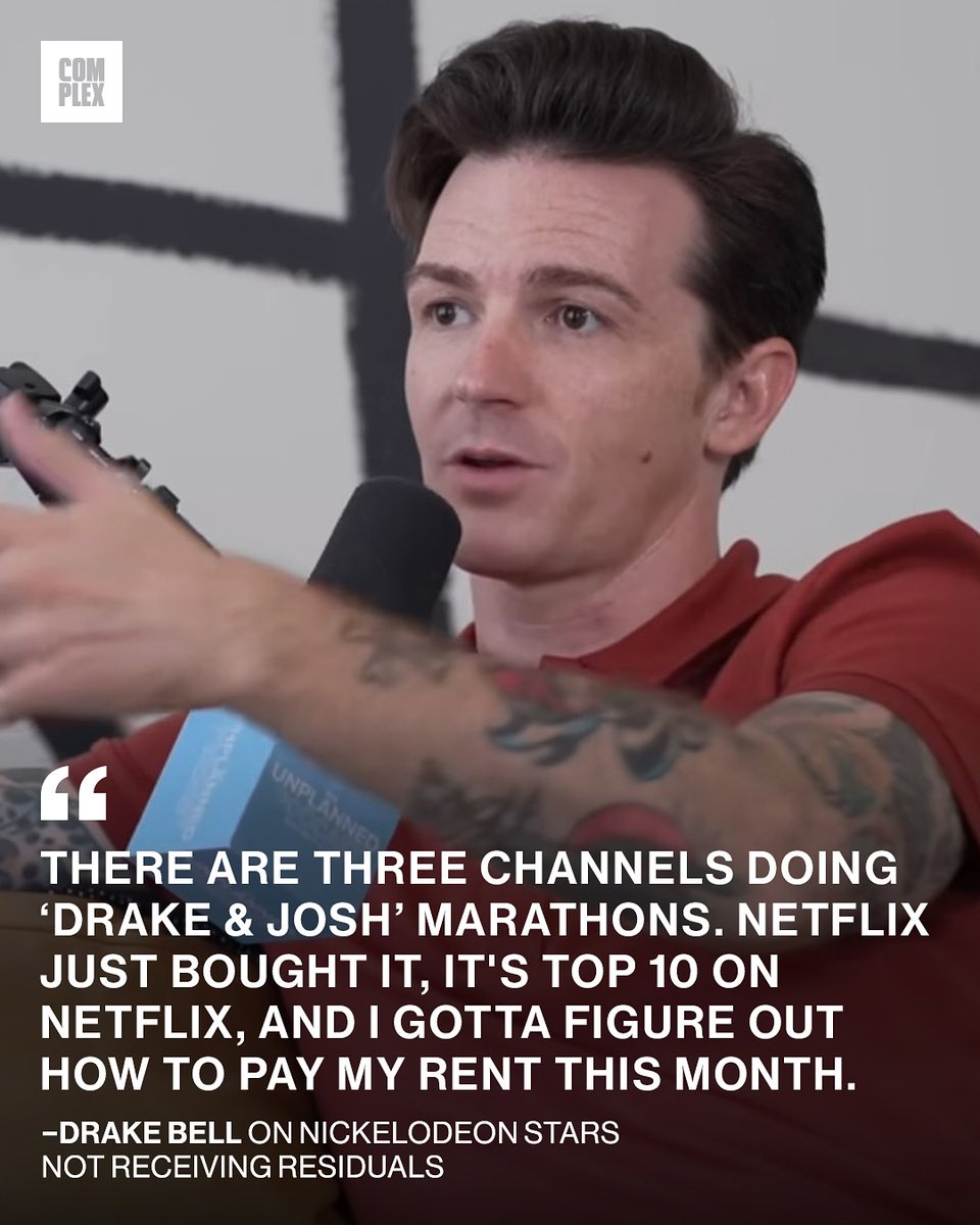 Complex's tweet image. Drake Bell speaks out on Nickelodeon stars not receiving residuals
He recently spoke on a podcast about ‘Drake and Josh’ streaming on various platforms but him making no money from it and struggling to pay rent
The show is now streaming on Netflix but Drake Bell and his…