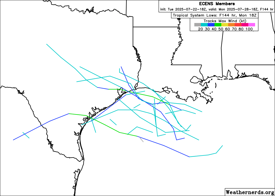 FloridaTropics1's tweet image. 18z Euro ensemble members are showing some potential for development as the newly highlighted AOI approaches the Texas coast later this week.