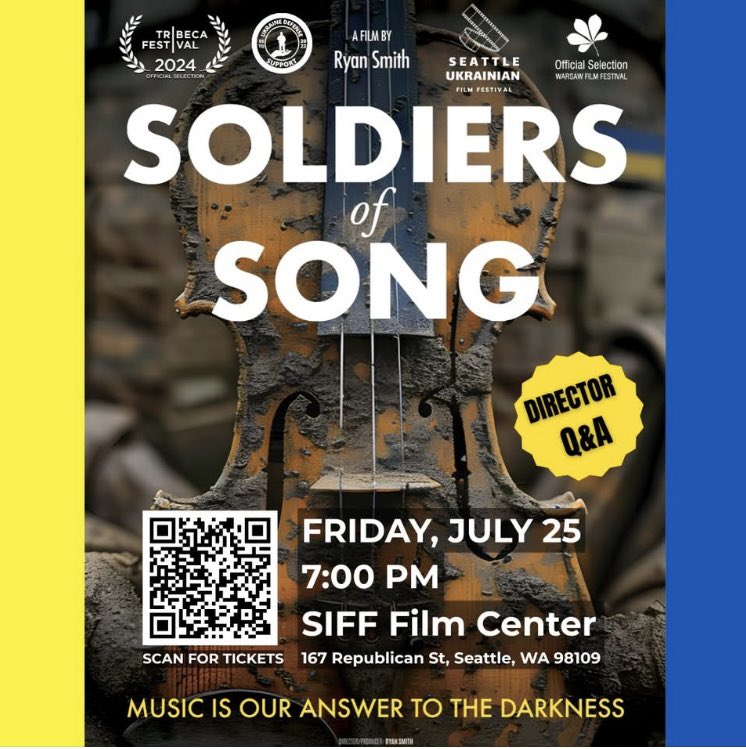 UDS4Ukraine's tweet image. This Friday! Come see Soldiers of Song, a film screening and Q&A with Director Ryan Smith
Friday, July 25th at 7:00 pm
SIFF Film Center, 167 Republican St., Seattle
🎤Learn behind the scenes during Q&A with Ryan Smith.
💖Proceeds from the event will be used to provide critical…