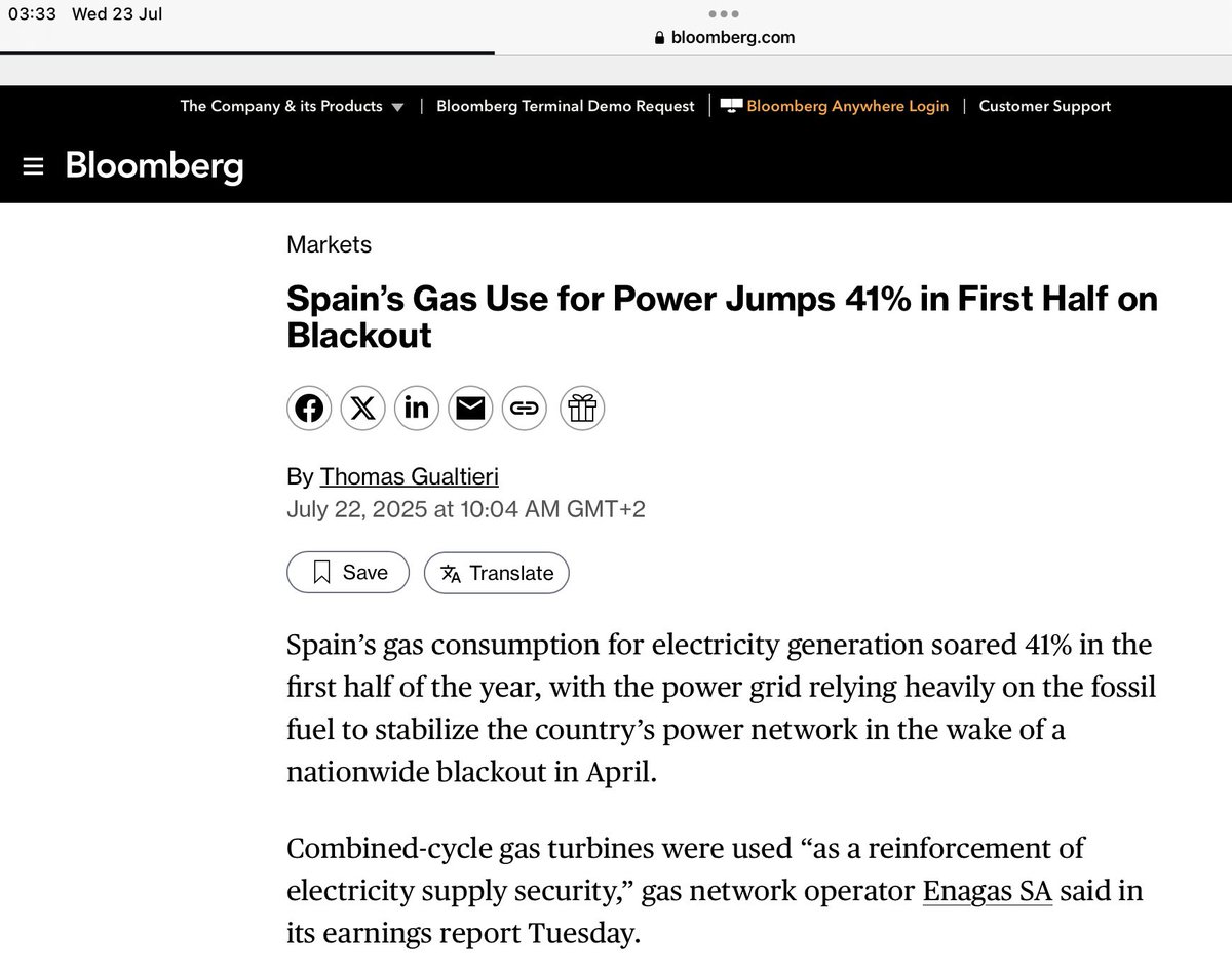 jacob_maroga's tweet image. Spain has increased the use of dispatchable gas generation by 41% since the nationwide blackout in April. The increased gas generation is used as ‘reinforcement of the electricity supply security’.