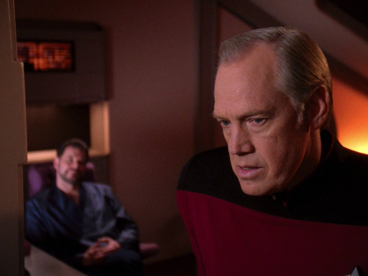 JanelleWaz's tweet image. In a (fake) sequel episode, Riker cleaned Jellico out at poker. Here's Jelli leaving with a satisfied Riker looking on. #TNG #ChainOfCommands #allstartrek