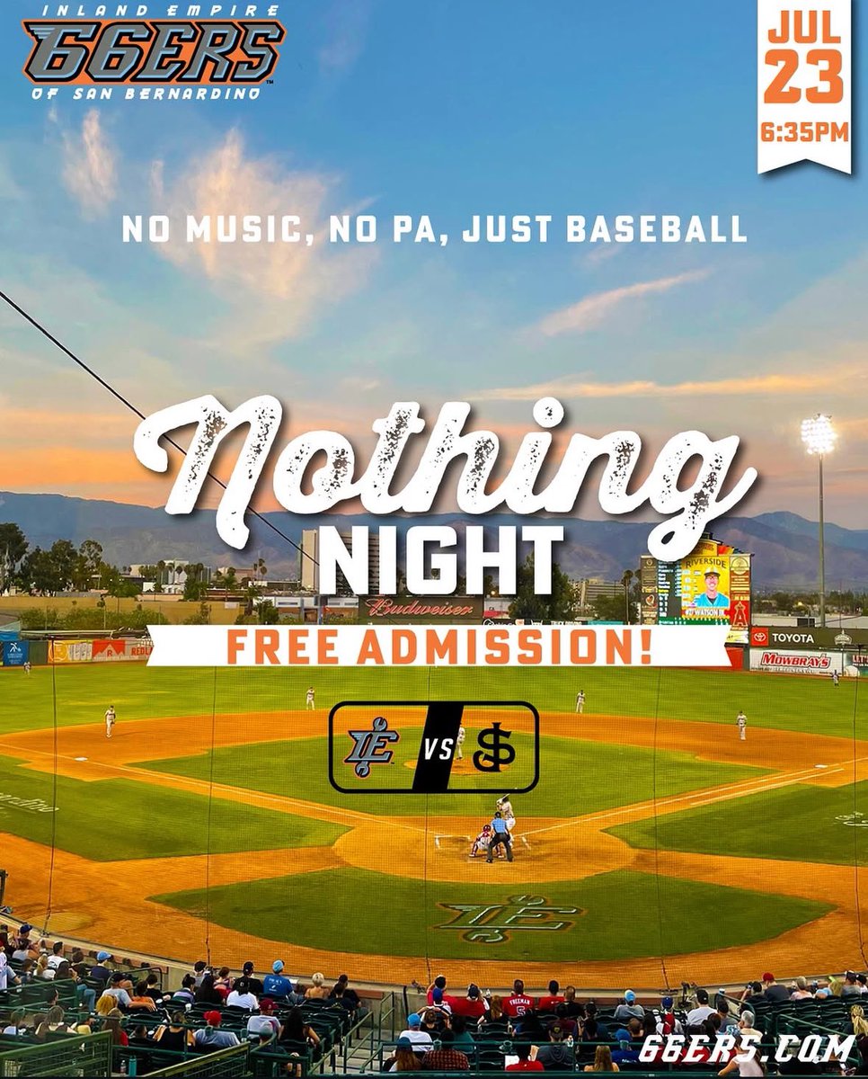 Fantavious9's tweet image. “NO NOTHING” GAME!
Los Angeles Angles’ Single-A Affiliate, Inland Empire 66ers, will play a game with no music, no PA, JUST BASEBALL on Wednesday, July 23rd with FREE entry and outside food is allowed!
Just the sights and sounds of the game.