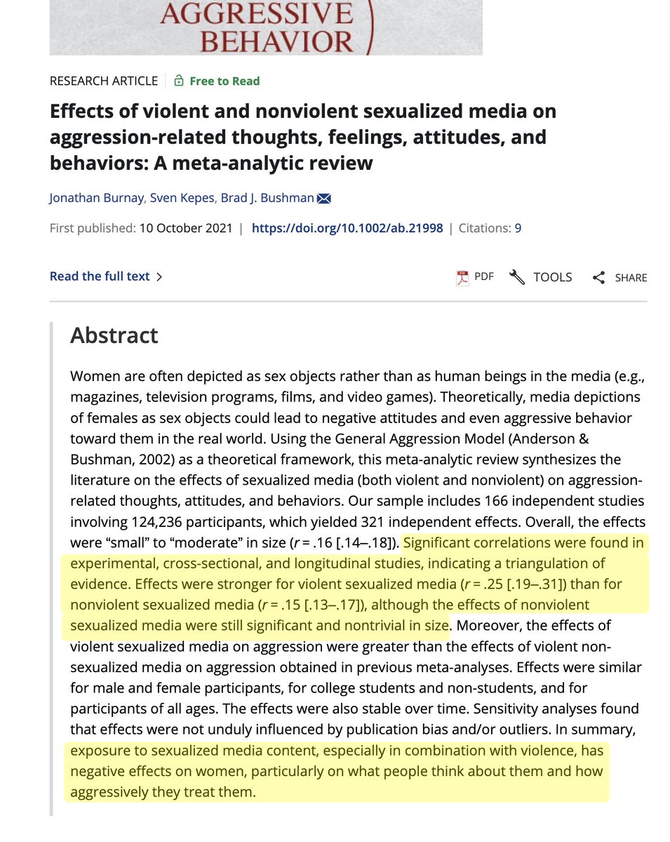 SexIndustryRes's tweet image. #SexIndustryStats
Effects of violent and nonviolent sexualized media on aggression-related thoughts, feelings, attitudes, and behaviors: A meta-analytic review
onlinelibrary.wiley.com/doi/abs/10.100…
"Our sample includes 166 independent studies involving 124,236 participants, which yielded…