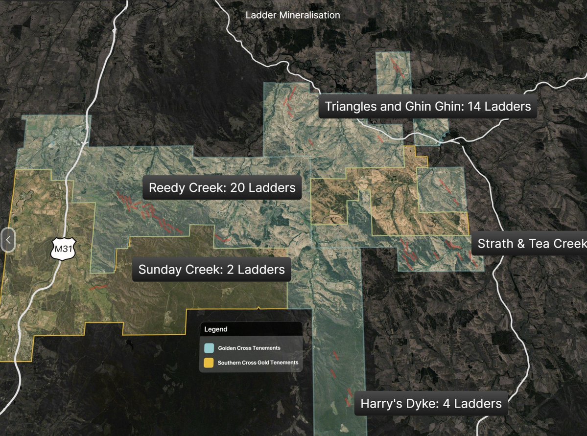 TheApeOfGoldST's tweet image. $AUX.V - GOLDEN CROSS - $32M MCAP
$SXGC.V - SOUTHERN CROSS - $1,700M MCAP
Golden Cross - Reedy Creek - Green Assets
Southern Cross - Sunday Creek - Orange Assets
Compare the amount of red high grade gold dots at Reedy Creek and at Sunday Creek (X10), compare the number of…