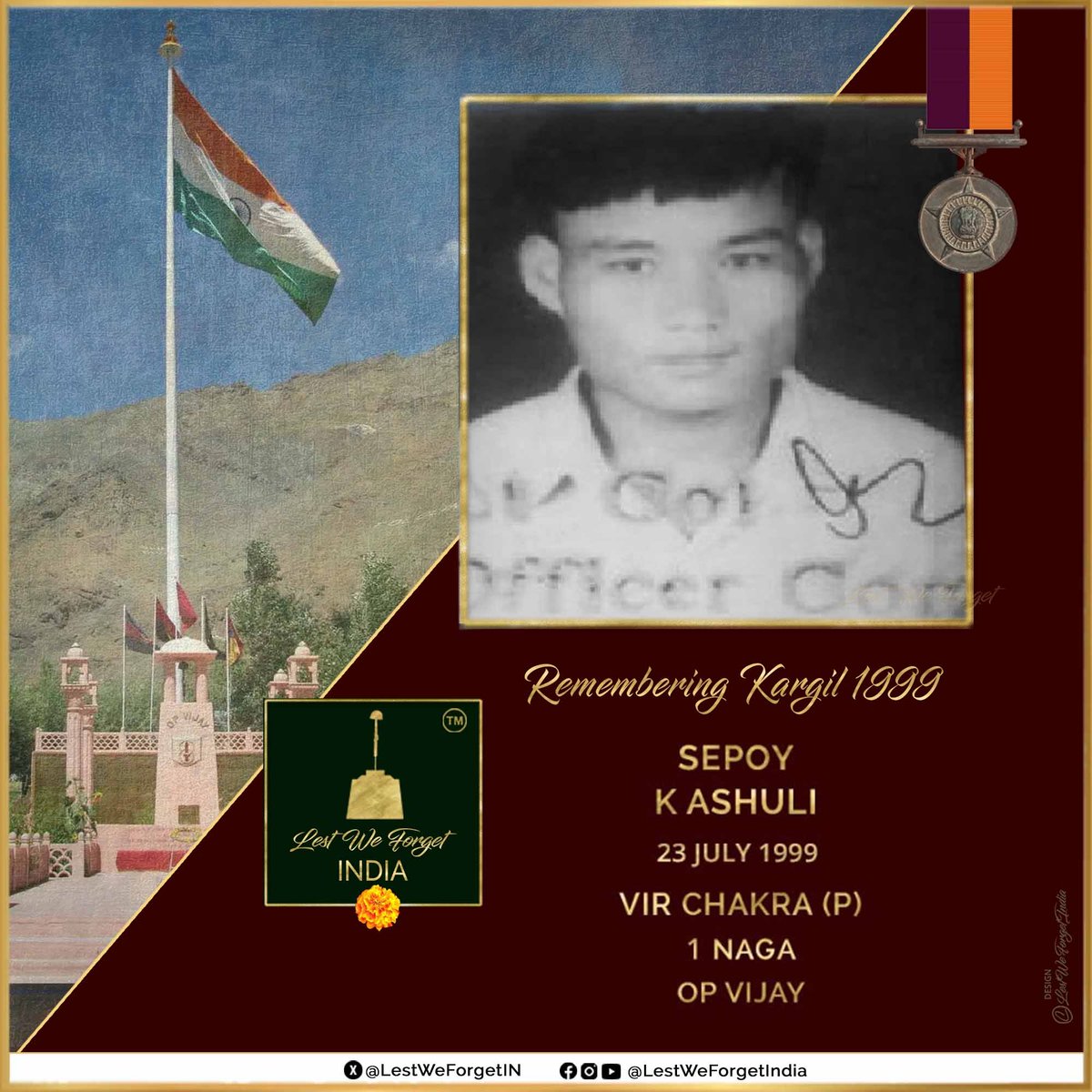 LestWeForgetIN's tweet image. 26 years of #Kargil

The umatched valour of 1 NAGA

#LestWeForgetIndia🇮🇳 Sepoy K Ashuli, Vir Chakra (P), fought valiantly against the enemy on 19 July in 1999, #OpVijay

The #IndianBrave made the supreme sacrifice #OnThisDay 23 July in 1999 succumbing to his injuries #Kargil1999…