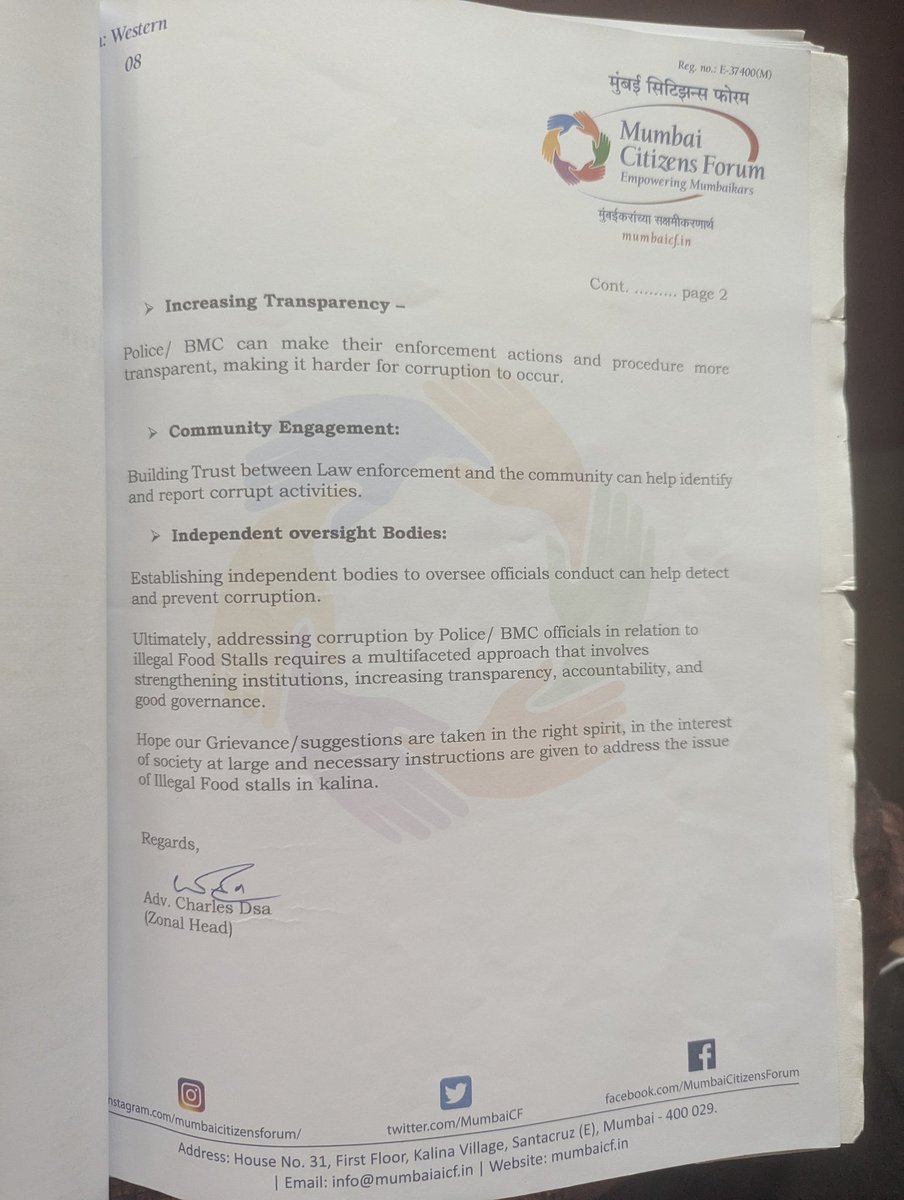 VOK (@tms190) on Twitter photo Letter written by MCF to DCP(Zone -8) & DMC (Zone -3) about illegal unauthorised Food stalls in Kalina, Santacruz East on 30/01/2025. No action taken so far. Are these officials not accountable.<a href="/DcpZone8Mumbai/">पोलीस उप आयुक्त परिमंडळ ०८ - DCP ZONE 08 Mumbai</a> <a href="/rahulnarwekar/">Rahul Narwekar</a> <a href="/mieknathshinde/">Eknath Shinde - एकनाथ शिंदे</a> <a href="/sanjayp_1/">sp</a> <a href="/ShelarAshish/">Adv. Ashish Shelar - ॲड. आशिष शेलार</a> <a href="/ms_aftab/">Ms Aftab Siddique</a> Letter written by MCF to DCP(Zone -8) & DMC (Zone -3) about illegal unauthorised Food stalls in Kalina, Santacruz East on 30/01/2025. No action taken so far. Are these officials not accountable.<a href="/DcpZone8Mumbai/">पोलीस उप आयुक्त परिमंडळ ०८ - DCP ZONE 08 Mumbai</a> <a href="/rahulnarwekar/">Rahul Narwekar</a> <a href="/mieknathshinde/">Eknath Shinde - एकनाथ शिंदे</a> <a href="/sanjayp_1/">sp</a> <a href="/ShelarAshish/">Adv. Ashish Shelar - ॲड. आशिष शेलार</a> <a href="/ms_aftab/">Ms Aftab Siddique</a>