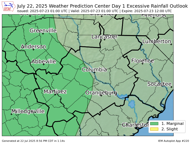 iembot_cae's tweet image. WPC issues Day 1 Marginal Risk Excessive Rainfall Outlook at Jul 23, 1:00z for CAE wpc.ncep.noaa.gov/qpf/excessive_…